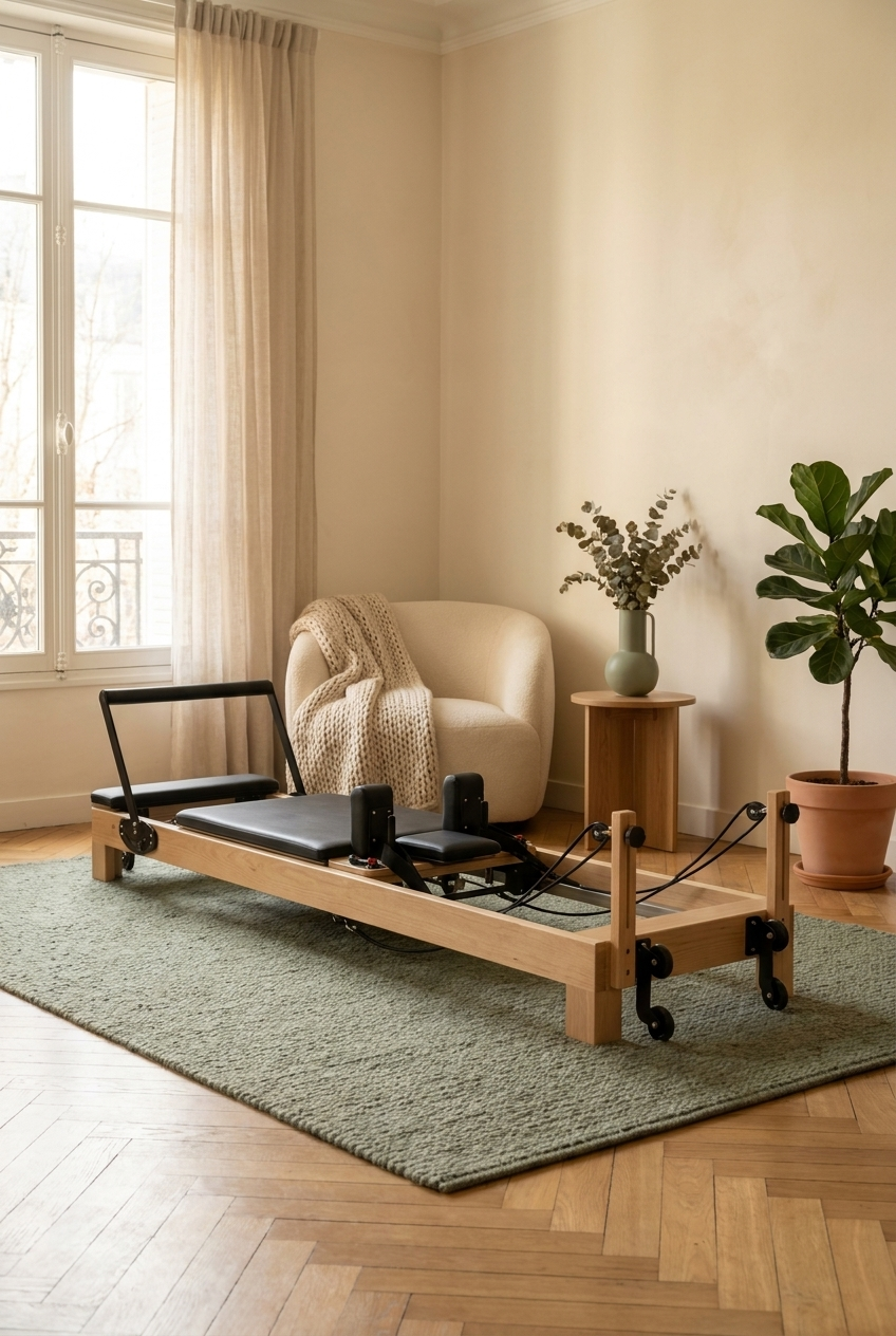 Reformer Pilates pliable en érable Reformova, cadre bois clair et sellerie rembourrée
