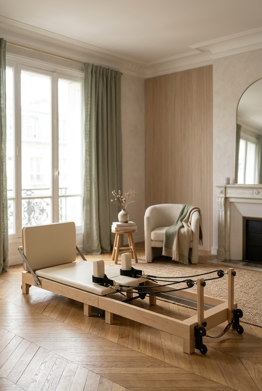 Reformer Pilates pliable en érable Reformova dans un salon parisien lumineux